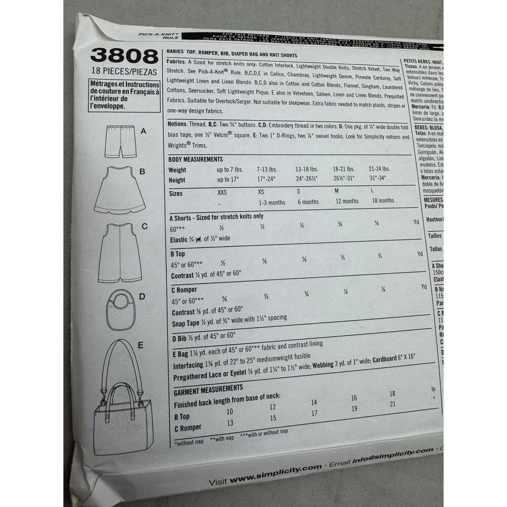 Simplicity 3808 Sewing Pattern Simply Baby Top Romper Bib Diaper Bag Shorts